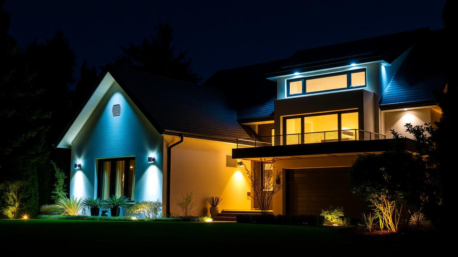 Residência moderna iluminada com câmeras e painéis solares