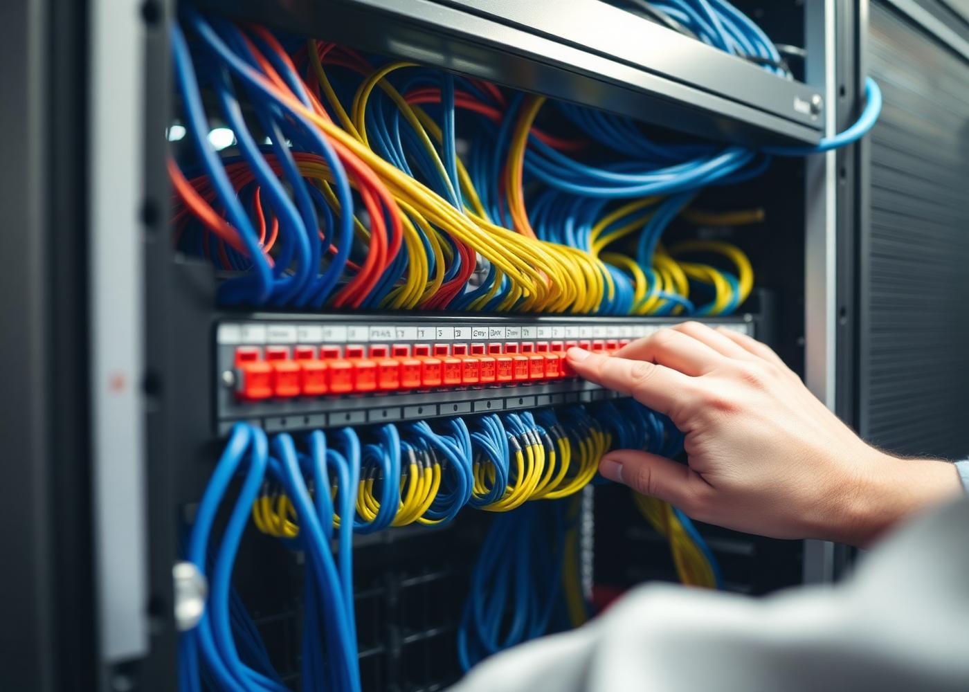 Rack de rede com cabeamento estruturado organizado